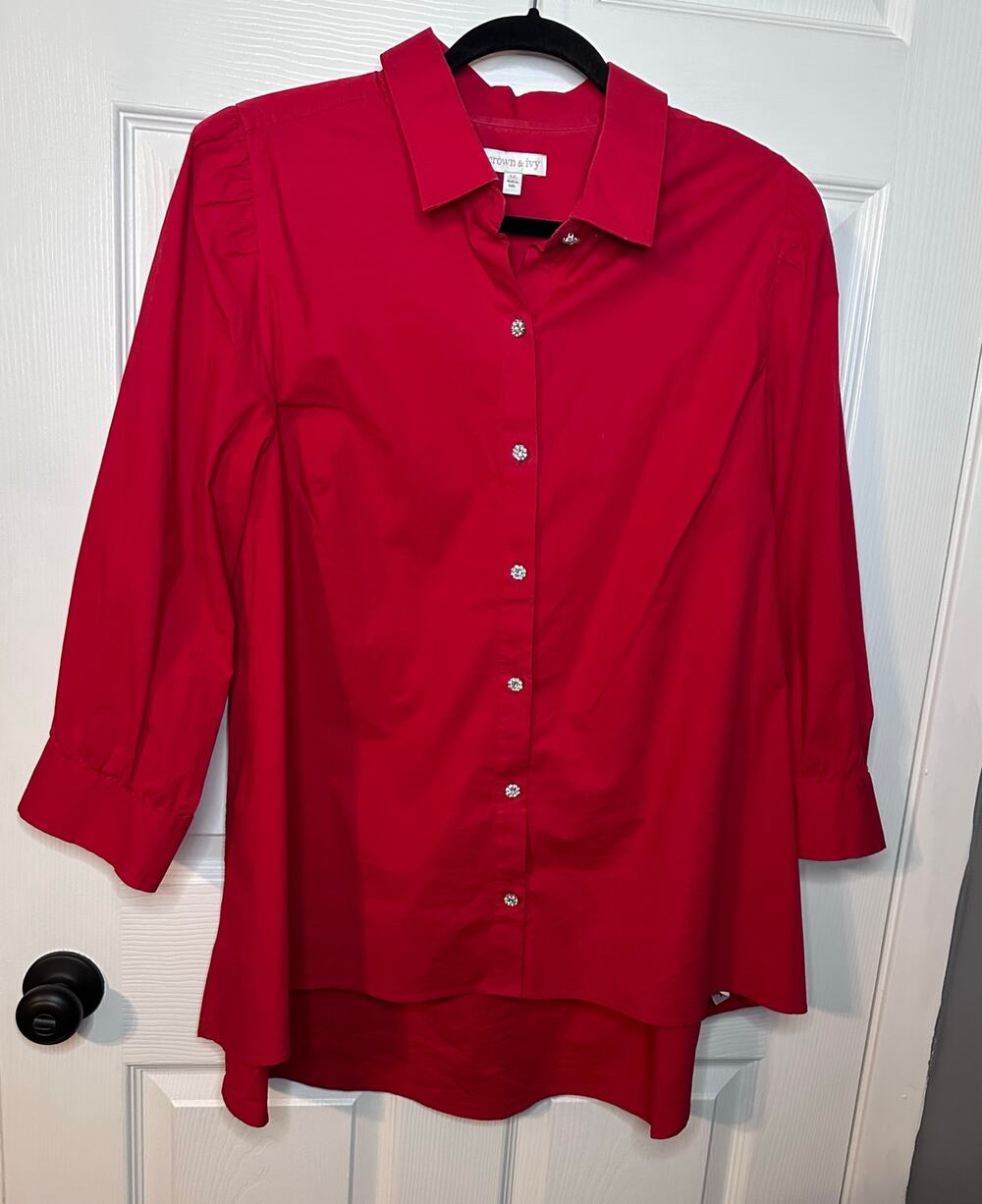 Crown & Ivy Button-Down Top Blouse Rhinestone Button Red 3/4 Sleeves women 1x